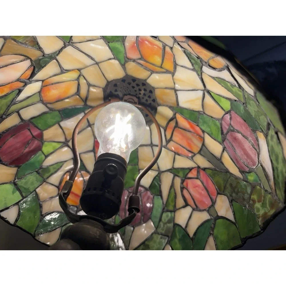 Vintage Tiffany Style Stained Glass Tulip Table Lamp Antique Bronze Base‎ 22